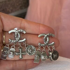 Chanel Silver Logo Charm Earrings